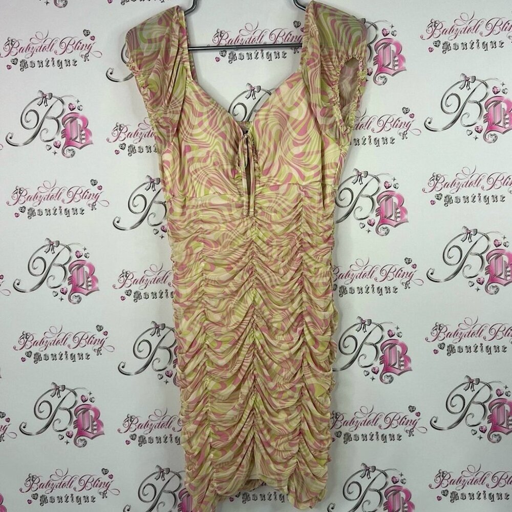 Madden NYC dress psychedelic swirl rutching Chic Multicolor Ruched Mini Dress